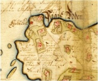 Fragment 1688. aasta maakaardist, millel on kujutatud Ruhnul Pärsi neemel asuvat tuletorni. Eesti Ajalooarhiiv.